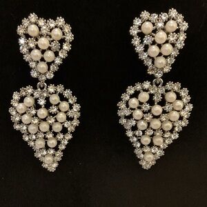 Silver w/Crystal & Pearl Beaded Heart Bridal Earrings